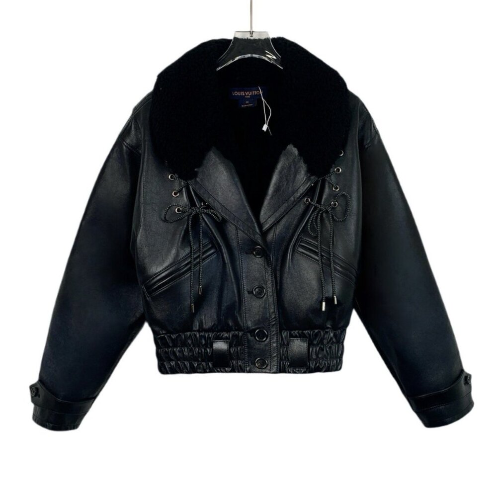 Louis Vuitton Black Fur-Collared Leather Waist-Tie Jacket